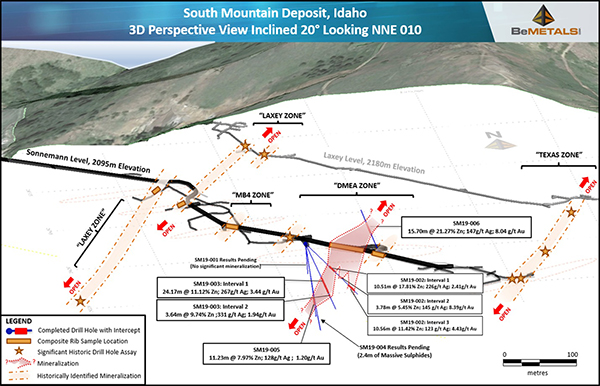 3D Perspective View looking north-north-east, showing locations of rib-sampling, priority target zones, and completed borehole results SM19-003,004,005 & 006, (SM19-002 previously reported)